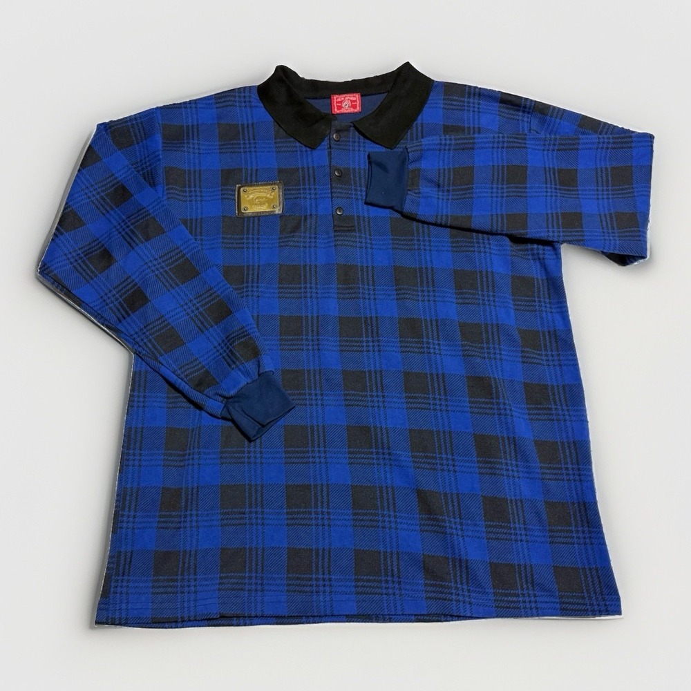 Vintage 90s Karl Kani Jeans Polo Shirt XL USA Blue Plaid Hip Hop Brass Plate
